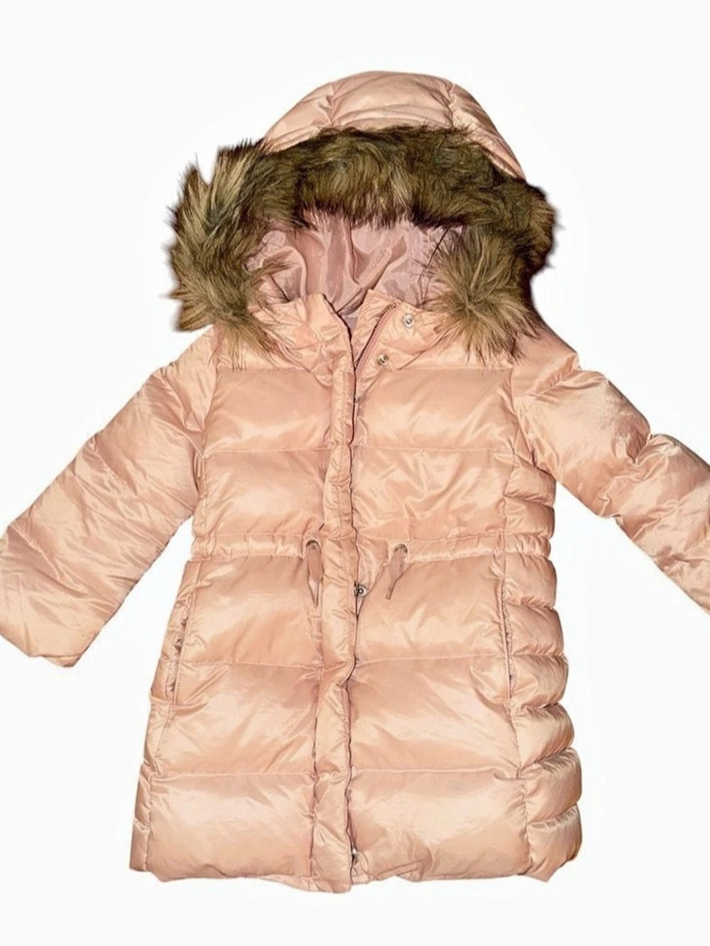 Baby Gap Girls Pink Hooded Puffer Coat 3T Faux Fur Trim Zip Down Insulated